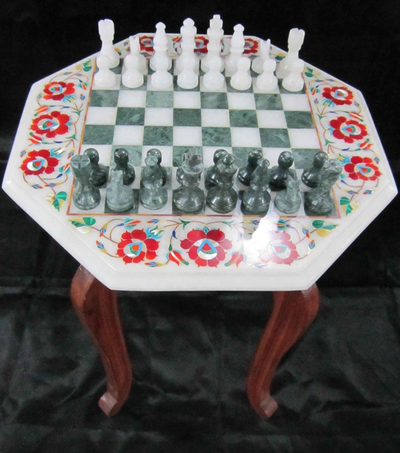 Marble inlaid Chess Board Table Vintage Rare Antique chess pieces Collectible
