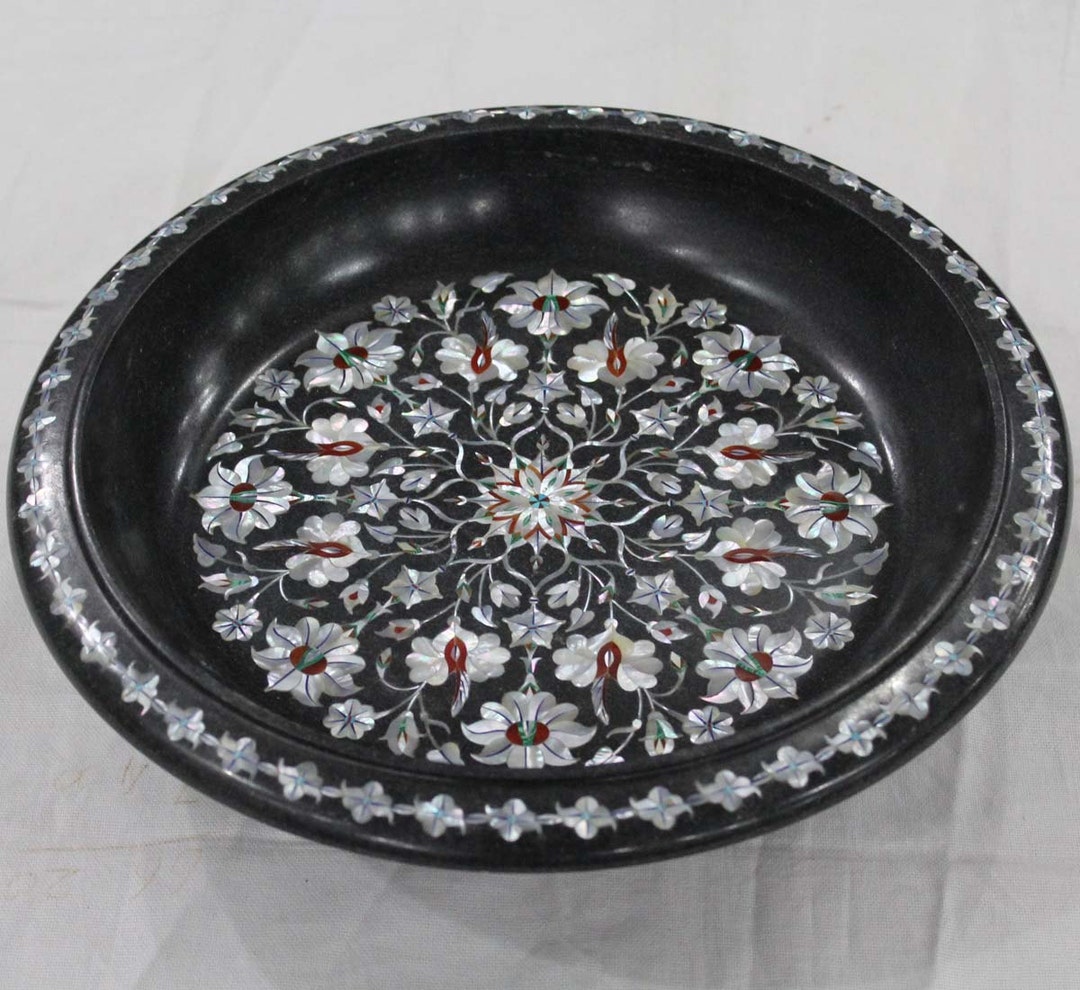 Obstschale schwarzer Marmor Perlmutt Inlay Blumenschalen für Esstisch Display / Pietra Dura