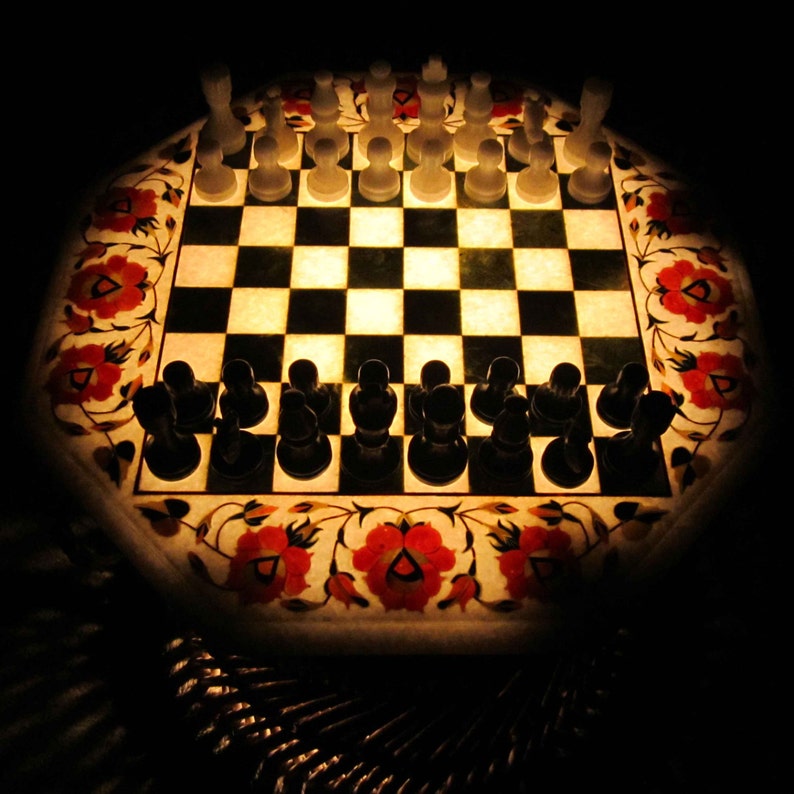 Marble inlaid Chess Board Table Vintage Rare Antique chess pieces Collectible