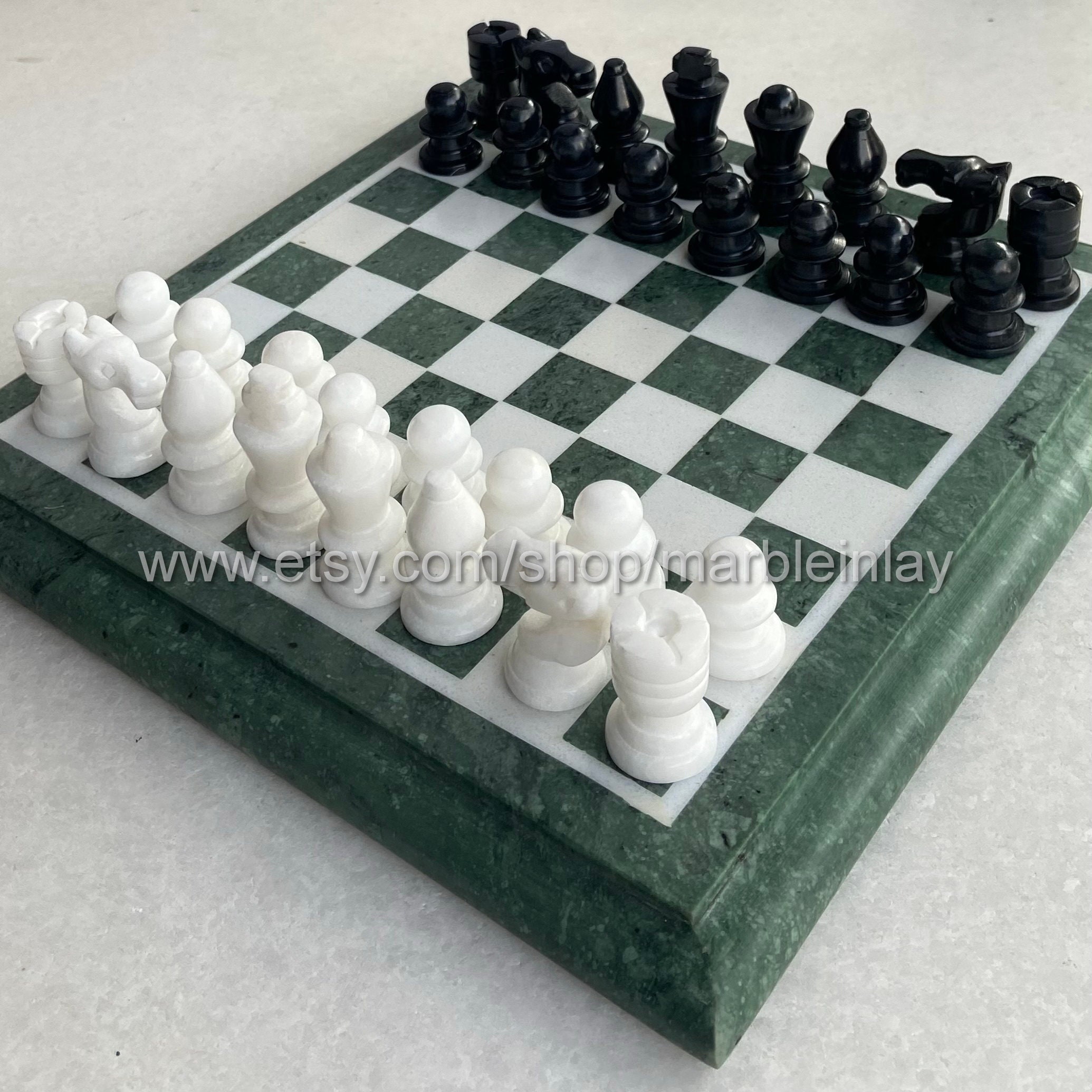 Marble Chess Board With Stone Chess Pieces Green White Board