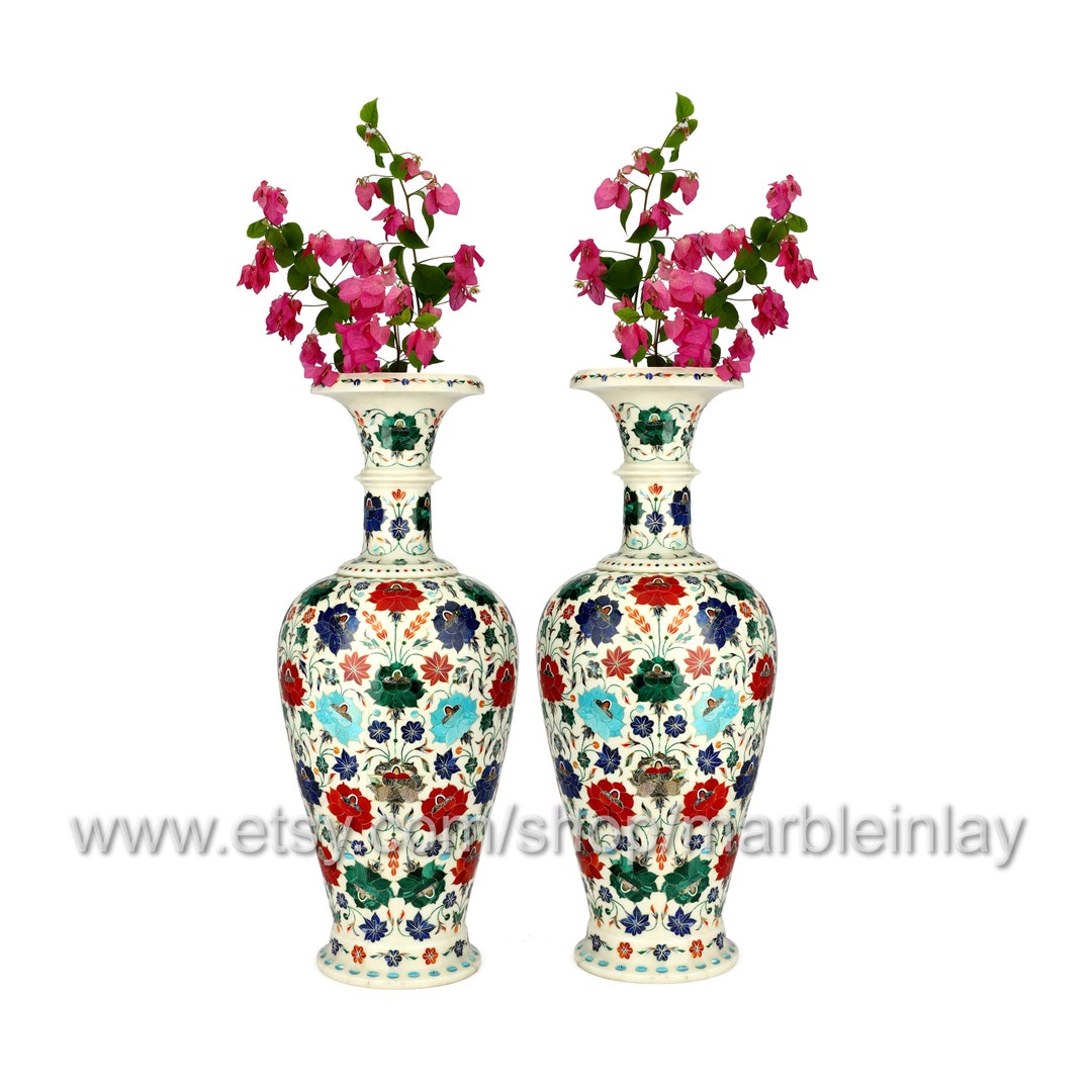 White Flower Vase Pair Entryway Decor Large Flower Vase Set Marble