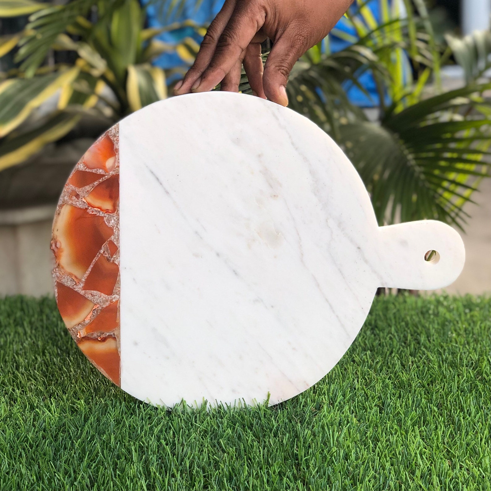 Marble Cheese Board With Handle Agate Inlay Etsy