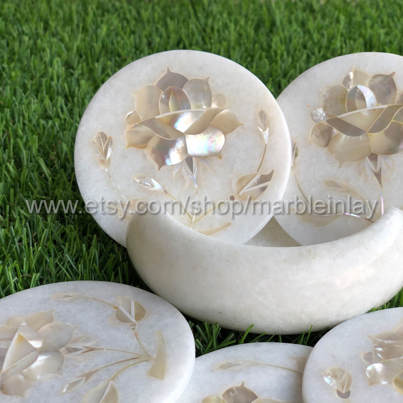 Coasters Set of 6 With Holder White Marble Inlay Coaster Etsy UK