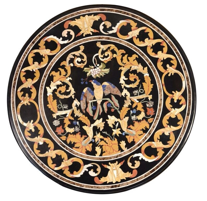 Round Coffee Table Patio Tables Black Marble Inlay Antique Rare Italian Pietra Dura Art From Florence Tree Of Life Bird Design