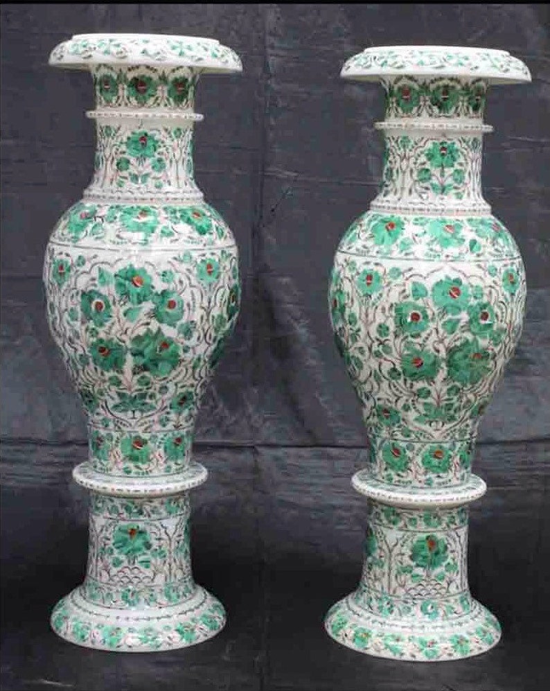 Vintage Marble Inlay Vase Malachite Stone Mid Century Vases Etsy