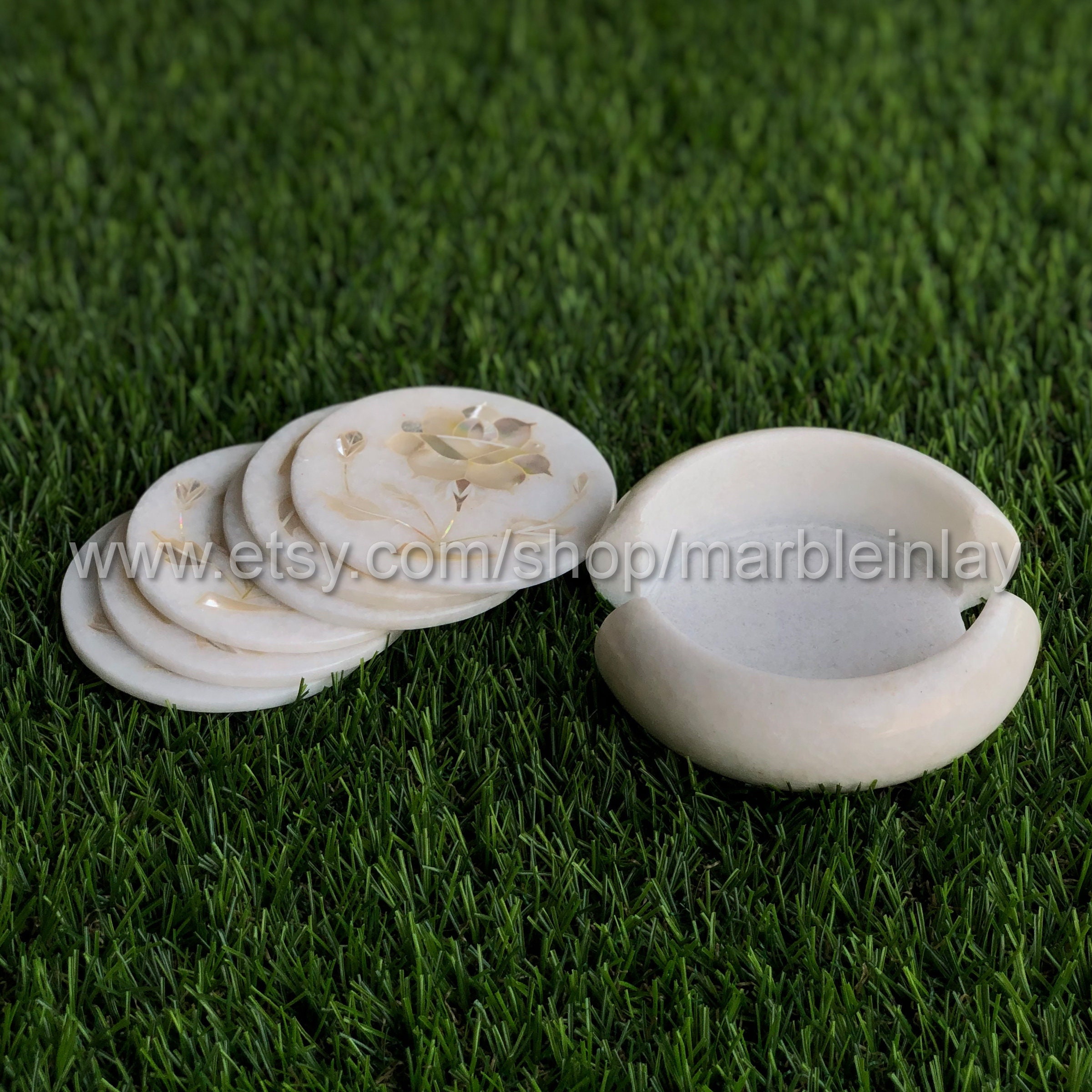Coasters Set of 6 With Holder White Marble Inlay Coaster Etsy UK
