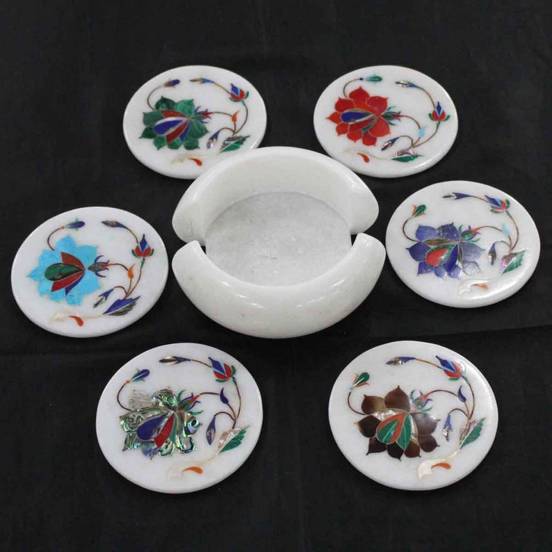 Coasters handmade stone inlay tea coaster set pietra dura art Etsy