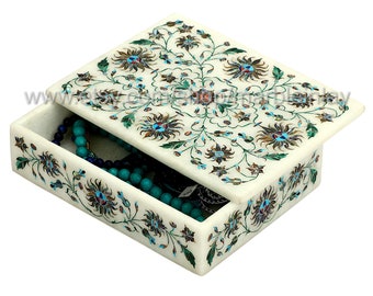 Marble Inlay Jewellery  Box Pietra Dura Tajmahal Art Floral Keepsake,Trinket, Treasure Boxes