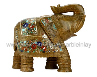 Decorative Elephant Figurine Marble Inlay Stone Elephant Statue Collectible Fine Elephant Sculpture for Home Decor
