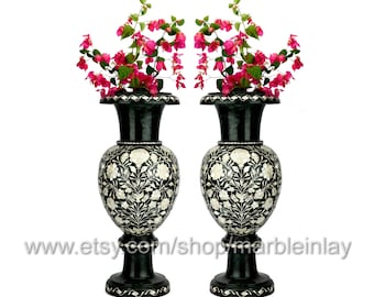 Green Flower Vase Large Marble Inlay Mother of Pearl Vases Pair Living Room Decor Housewarming Gift