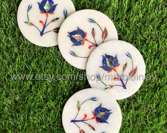 Genuine Marble Coaster Handmade Hot Plate Trivets Inlay Coaster with Flower Design Valentine Day Gift for Couple