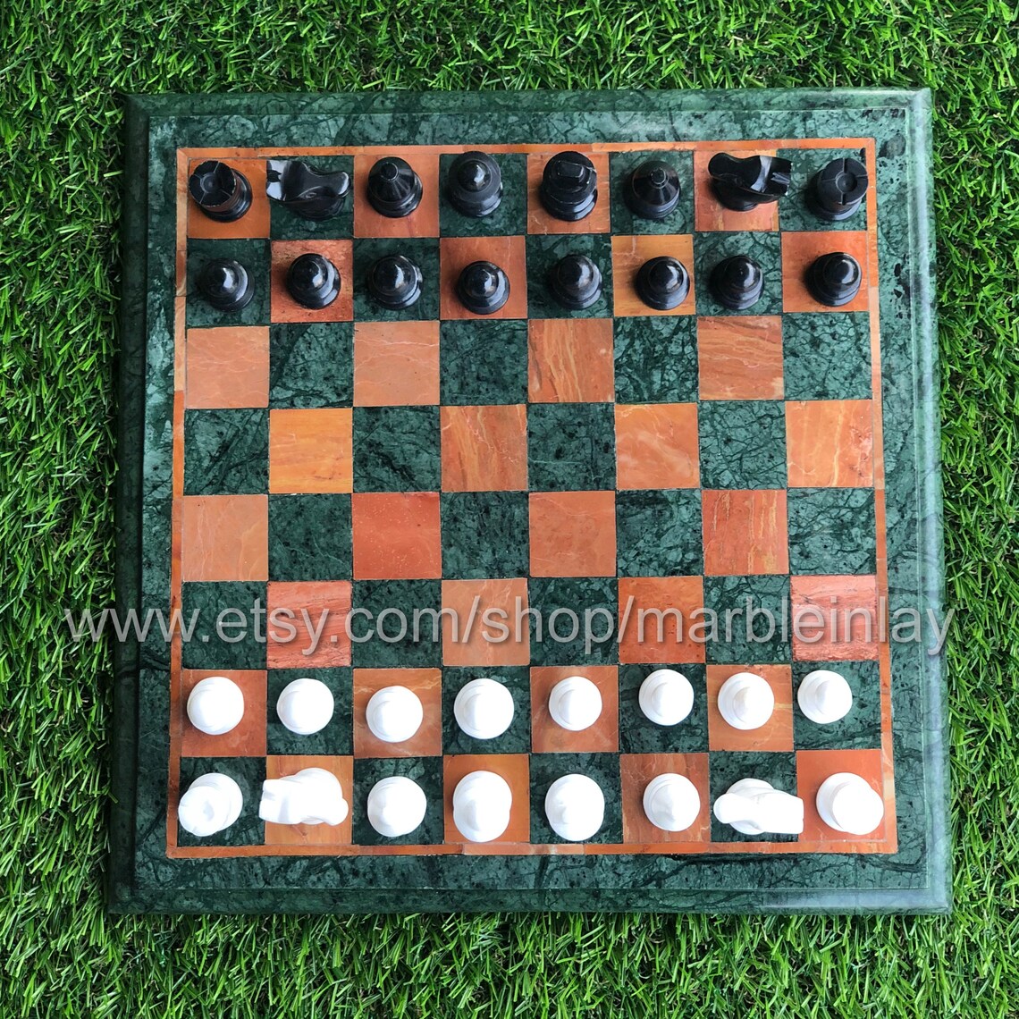Green Marble Chess Board With Stone Chess Pieces Set Etsy