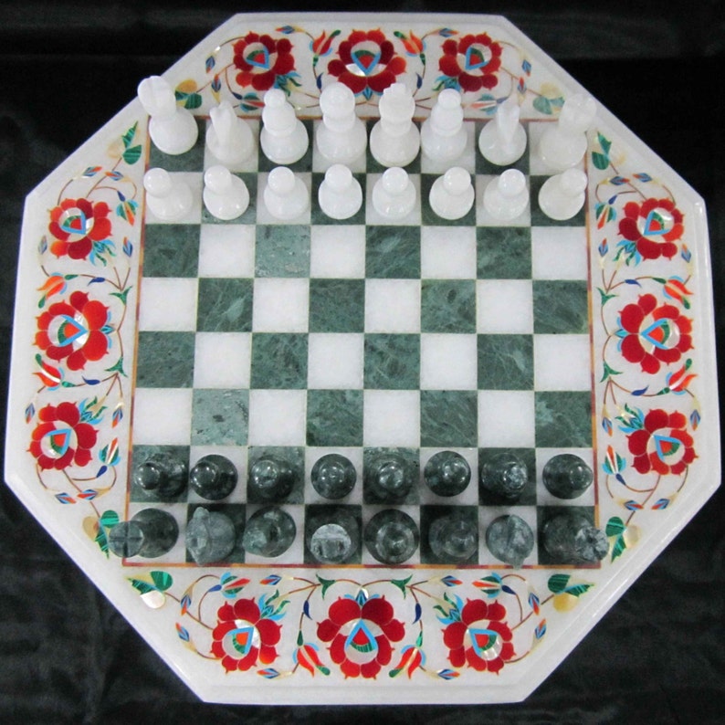 Marble inlaid Chess Board Table Vintage Rare Antique chess pieces Collectible
