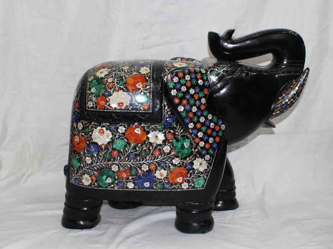 Elephant Figurines Trunk up Marble Inlay Pietra Dura Statue Etsy