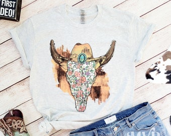 Boho Cow Skull Shirt, Floral cow skull, Gemstone shirt, Bull Skull Shirt, Rodeo queen shirt, Gypsy shirt, Western shirt women