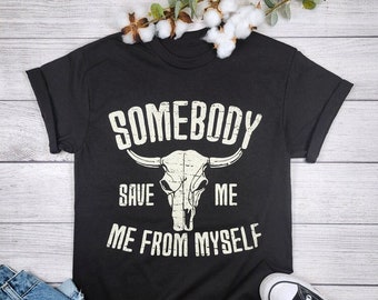 Somebody Save Me Me From Myself Shirt, Cow Skull Shirt, Hippie vibes shirt, Retro graphic tee, Country music shirt, Arrow Shirt