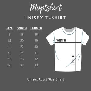 May include: Unisex t-shirt size chart with measurements in inches for width and length. The chart shows sizes S through 3XL.