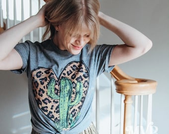 Leopard Heart Cactus Shirt, Botanical shirt, Leopard print shirt, Plant lady gifts, Plant lover gift