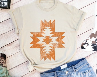 Azteken-Grafik-T-Shirt, westlicher Boho-Stil, Baumwoll-T-Shirt