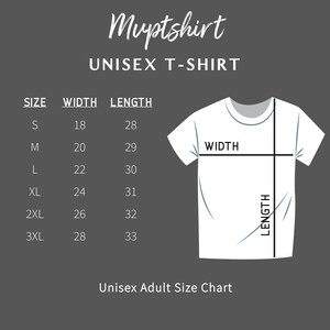 May include: Unisex t-shirt size chart with measurements in inches for width and length. The chart shows sizes S through 3XL.