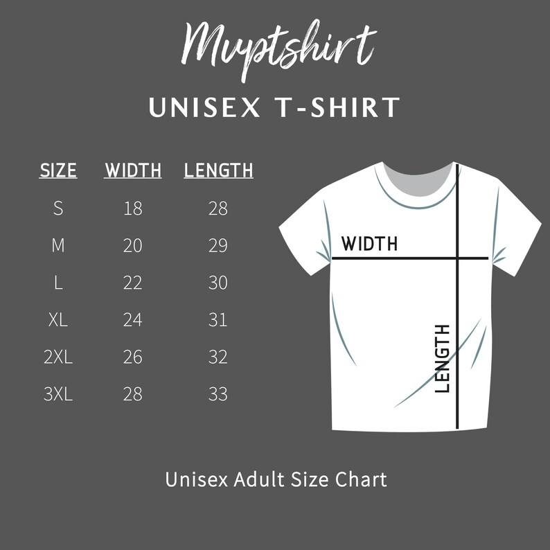 May include: Unisex t-shirt size chart with measurements in inches for width and length. The chart shows sizes S through 3XL.
