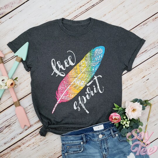 Disover Free Spirit Shirt, Rainbow feather, Bohemian t-shirt, Mom stocking stuffer, Hand screen printed, Gift for her