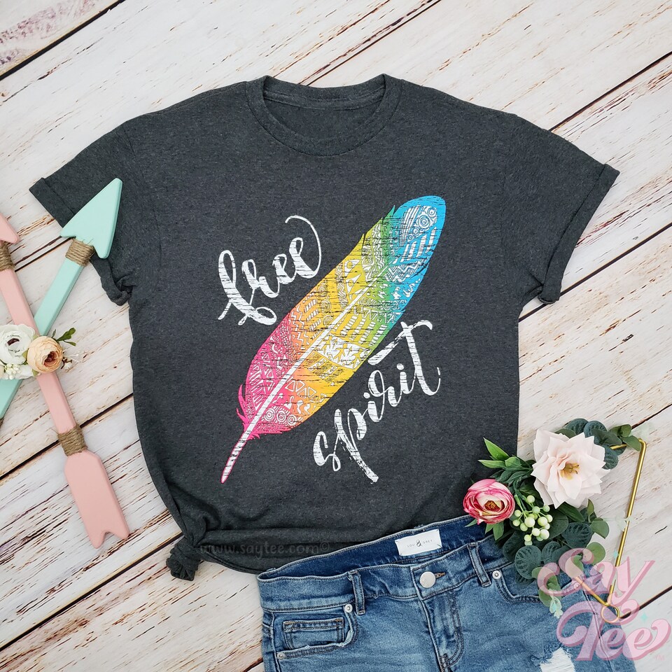 Discover Free Spirit Shirt, Rainbow feather, Bohemian t-shirt, Mom stocking stuffer, Hand screen printed, Gift for her