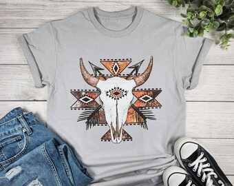 Rustic Aztec Cow Skull Shirt, Bull skull Graphic Tee, Western Graphic Tee, Rodeo queen shirt, Gypsy shirt, Western shirt women