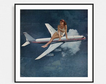 May include: A woman in a white bikini sits on top of a white airplane against a blue sky with clouds. The airplane has red accents and the text "Boeing" on the side.
