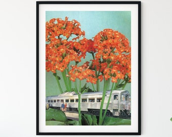 Flower print - Orange wall art - travel prints - traveller gift - train art