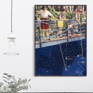 May include: A vintage collage featuring four people standing on a bridge, with a constellation map replacing the sky. The constellation is Ursa Major, with the stars labeled in white text. The people are dressed in 1950s clothing and are holding fishing rods.