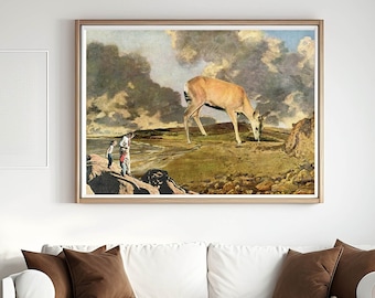 Deer print, Deer wall art, Vintage deer print, Collage artwork, Landscape prints