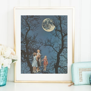 Full moon print, Full moon poster, Moon prints, Full moon art, Illustration, Blue print, Trees print, Retro prints, Vintage art