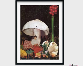 Mushroom poster, Vintage Poster Fungi Print, Collage art, Botanical poster