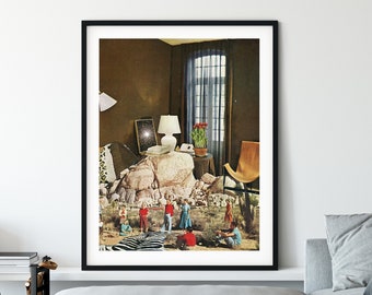 May include: A framed collage of a room interior with a lamp, a chair, and a bed. The room is decorated with a variety of objects, including a plant, a mirror, and a rug. There are also several small figures standing on the floor.
