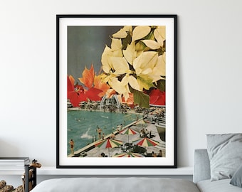 Large wall art print, Swimming pool, Red, yellow and green colour print, Autumn art