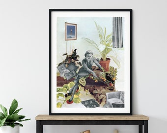Plant print art, Indoor plant print, Plant lady lover gift, Collage art, Retro