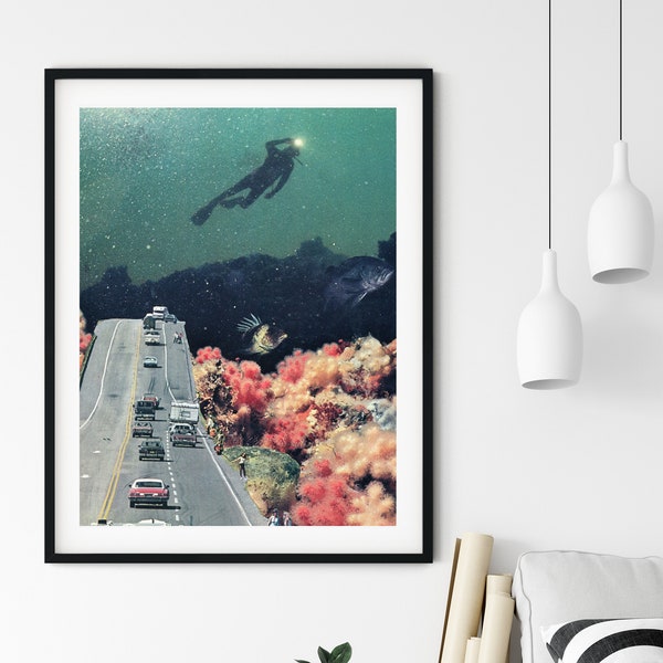 Travel poster, Ocean print, Underwater art, Coral print, Colourful prints, Driving test gift, Diver print, Sea art