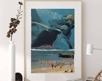 Large art print beach poster, Blue wall decor, Living room prints, Bedroom, Bathroom