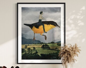Bird riding print, Yellow and black bird poster, Funny and quirky art, Unique art