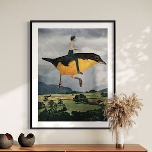 Impresión de un pájaro montando, póster de pájaro amarillo y negro, arte divertido y peculiar, arte único