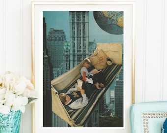 May include: Two people relax in a striped hammock suspended between two buildings in a city. A globe hangs in the sky above them.