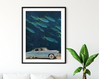 Fish underwater print, Extra large fish art, Blue poster, Vintage car art print