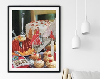 Cake food, cake print, Kitchen wall art, Red and colourful print, Collage art poster