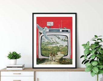 Red print, Red tv poster, Collage art, Large wall poster, Retro vibe, Modern landscape art