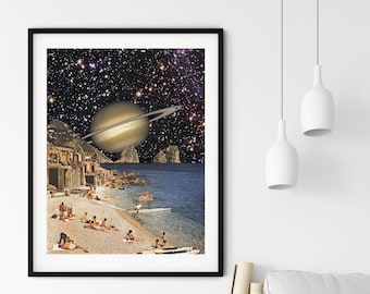 Beach print, summer holiday art, saturn poster, stars prints