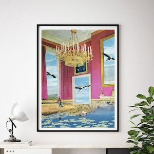 Pink room print, Large art poster, Nature, Architecture art, Birds