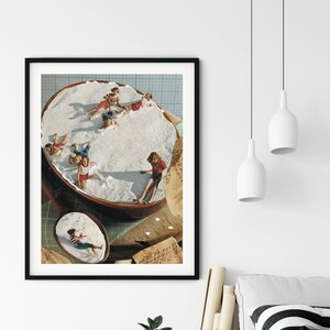 May include: A vintage collage featuring a group of children playing in a large bowl of whipped cream. The children are wearing colorful clothing and are having fun splashing around in the cream.