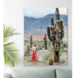 Kaktus Leinwandkunst, Großes Leinwandbild, Statement Kunst, Vertikale Collagenkunst, Feen, Kakteen