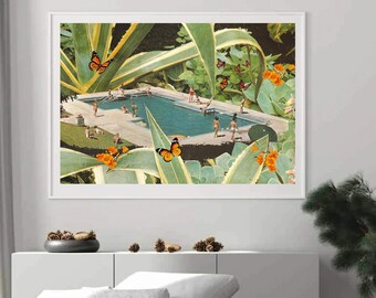 Swimming pool art print, Butterfly and flowers, Orange summer accent print, Limited edition large print